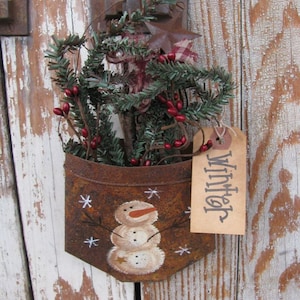 Primitive Snowman Hand Painted Rusty Tin Hanging Pocket with Greens GCC3079