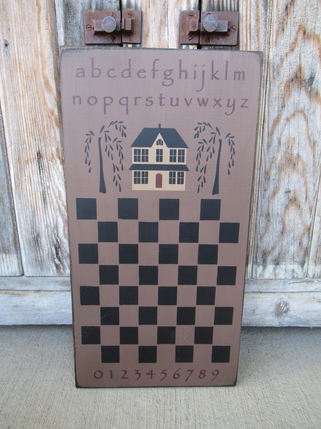 Primitive Alphabet Saltbox and Willow Checker Hand Painted Game Board