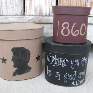 Primitive Patriotic Colonial Americana Abraham Lincoln Hand Painted Oval Set of 3 Stacking Boxes GCC03786