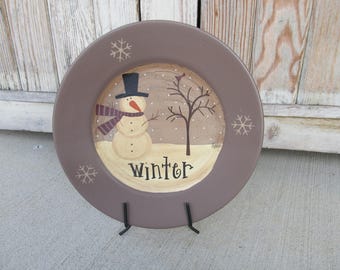 Primitive Winter Scene Snowman Tree and Cardinal Hand Painted Plate GCC05578