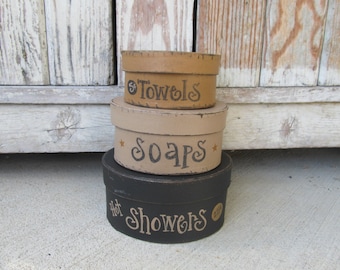 Primitive Hot Showers Bathroom Hand Painted Set of 3 Small Round Stacking Boxes GCC6364