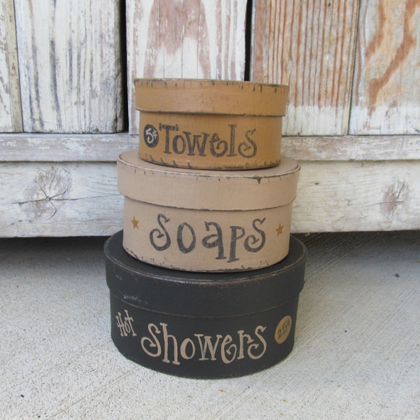 Primitive Hot Showers Bathroom Hand Painted Set of 3 Small Round Stacking Boxes GCC6364
