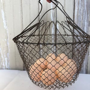 May include: A vintage wire egg basket, held by a hand, filled with a dozen light brown eggs. The basket has a dark, aged finish and a handle for carrying. The background is a white surface and a weathered, light-colored wooden wall.