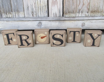 Primitive FROSTY with Snowman Head Set of 6 Wooden Blocks With Color Options GCC7922