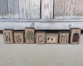 Primitive Welcome Wooden Blocks Set of 7 with Willow Tree Sheep and Saltbox House GCC08226