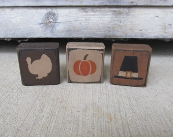 Primitive Country Fall Thanksgiving Pumpkin Turkey and Pilgrim Hat Stacker Mini Blocks GCC8512