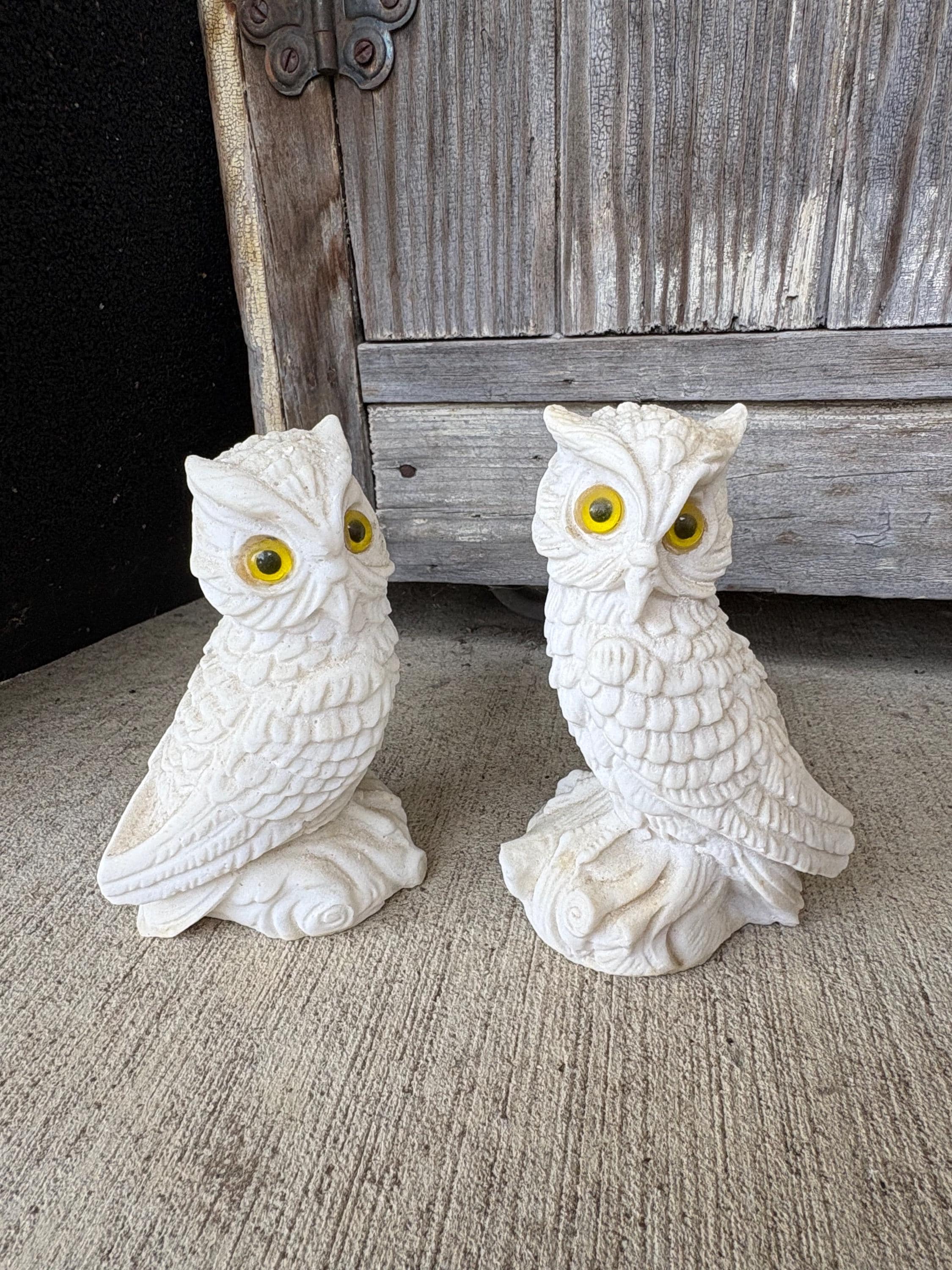 Vintage Antique White Alabaster Set of 2  Owl Figurines