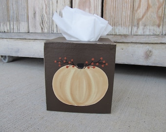 Primitive Autumn Cream Pumpkin and Bittersweet Hand Painted Tissue Box Cover with Color Choices GCC7342