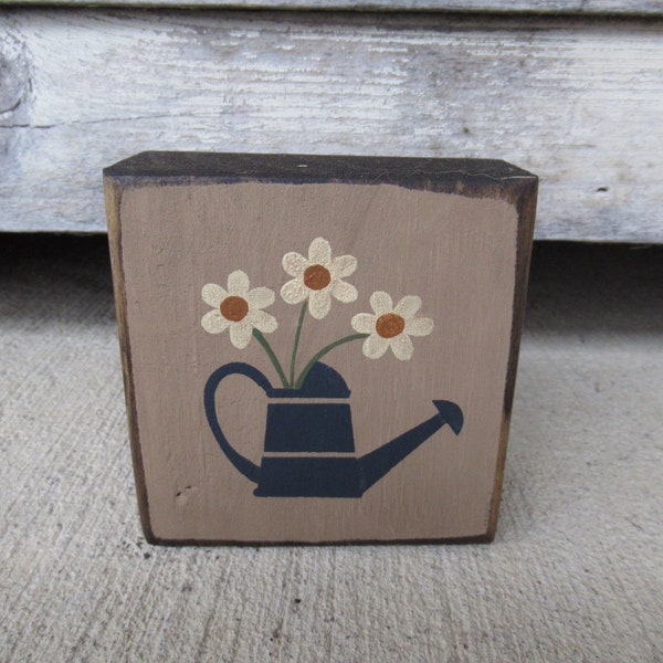 Primitive Spring Summer Time Watering Can with Daisies 3 1/2" Block with Color Choices GCC8753