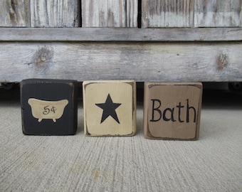 Primitive Bathroom Decor Mini Wooden Blocks: Clawfoot Tub & Star GCC8796