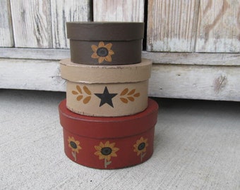 Primitive Sunflower Hand Painted Set of 3 Small Round Stacking Boxes with Color Options GCC7360