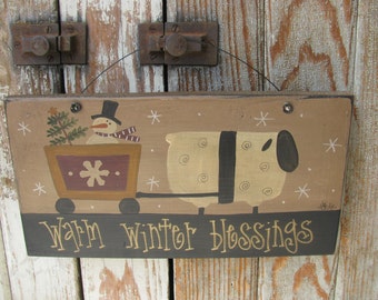 Primitive Sheep with Snowman Cart Hand Painted Winter Sign-GCC4744