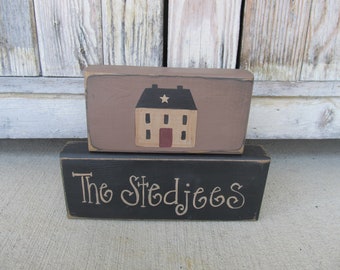 Primitive Saltbox Personalized  Set of 2 Hand Painted Stacker Blocks GCC7856