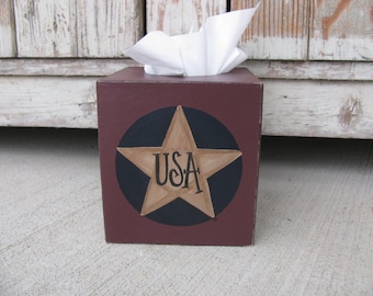 Primitive Patriotic Americana Star Hand Painted Tissue Box Cover GCC4806