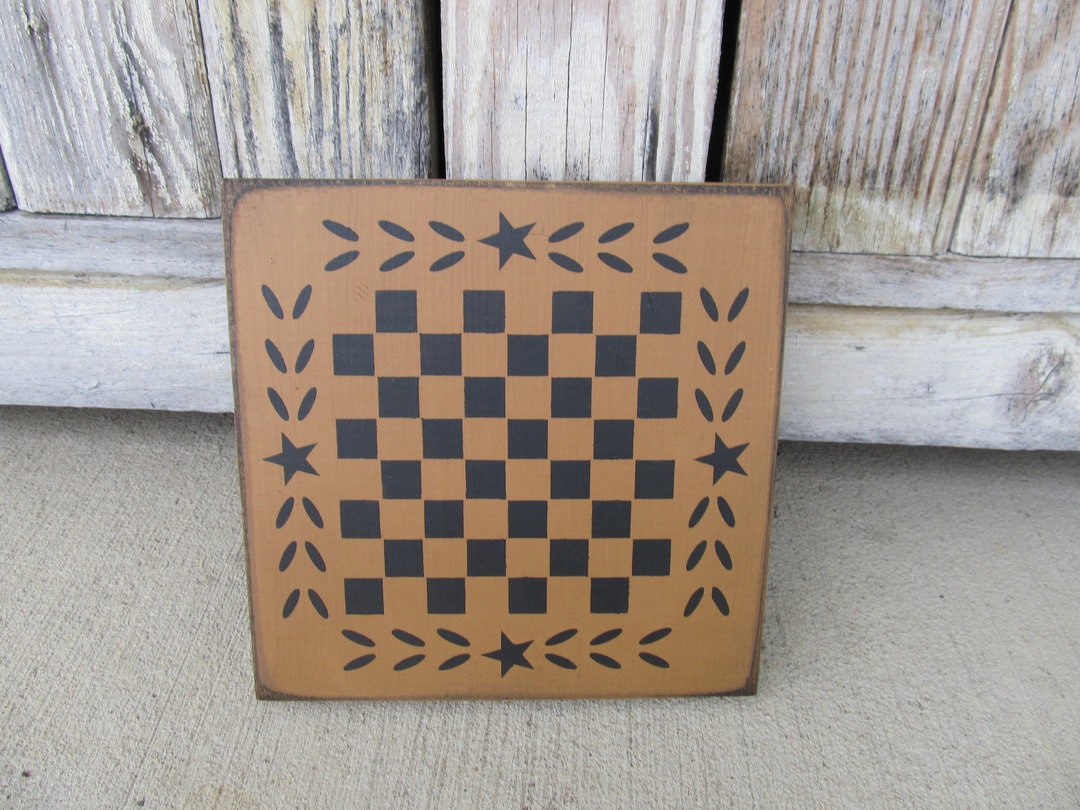 Primitive Colonial Star and Wheat Checker Game Board 8x8 With Color