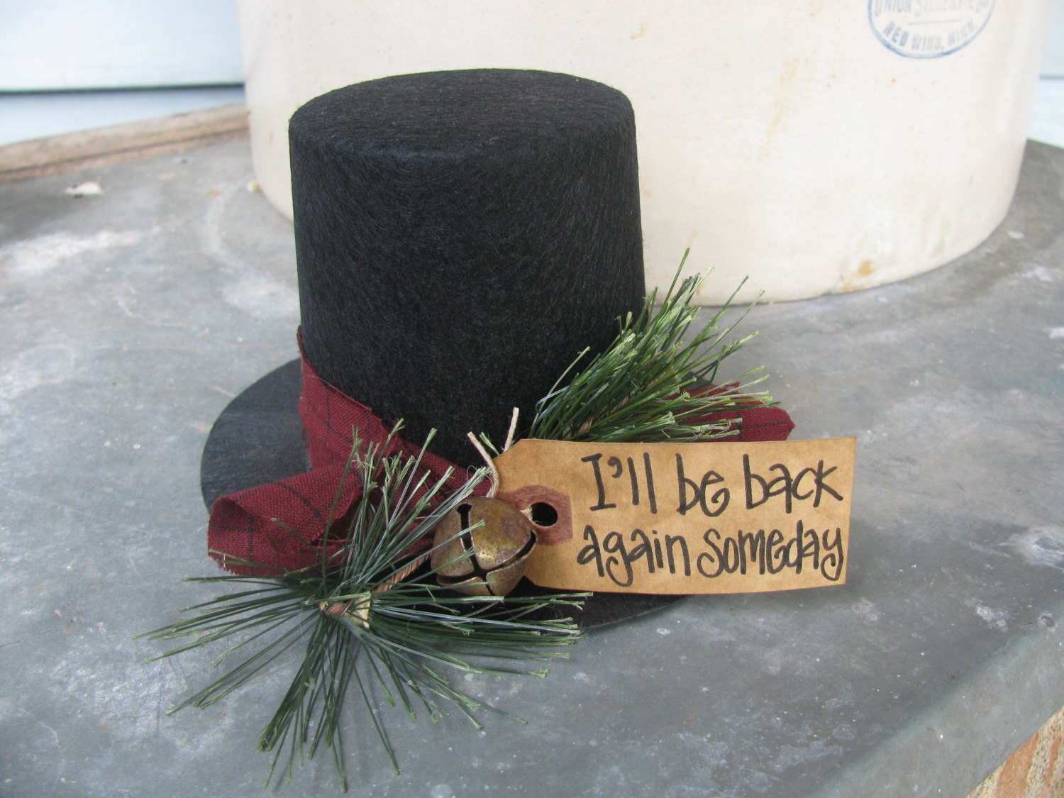 Primitive Black Felt I'll be Back Again Someday Frosty's Top Hat Decoration GCC3521