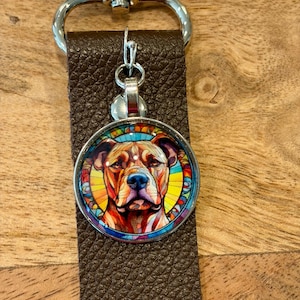 May include: A round, silver-toned dog tag with a colorful stained-glass style portrait of a dog. The tag is attached to a brown leather strap with a silver clasp. The dog's face is the focal point.