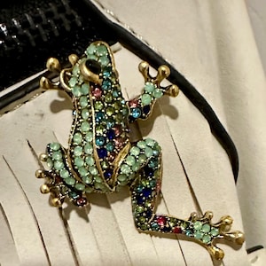 May include: A jeweled frog brooch with a gold-tone metal frame. The frog is covered in light green, blue, pink, and dark green rhinestones. The brooch is set against a white background.