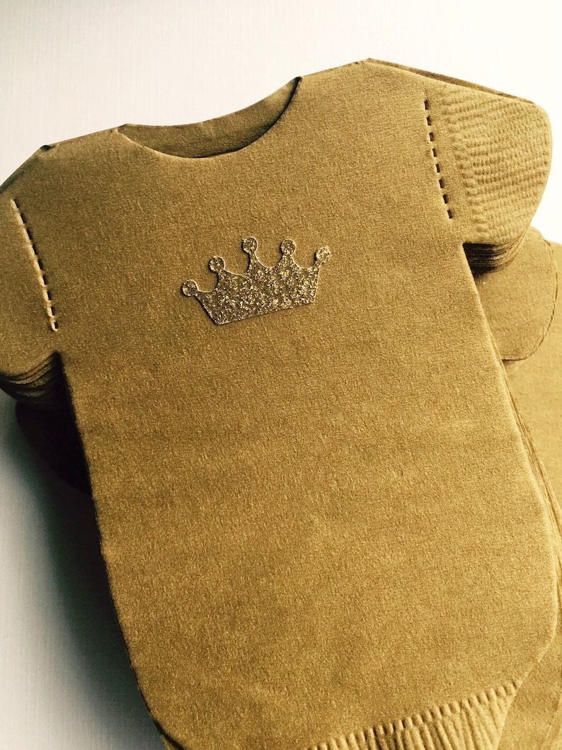 Napkins Shaped like baby shirts or bibs Gold or silver crown baby shower napkins. Pack of 25. image 1