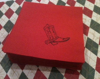 Pack of 30 linen-feel paper luncheon sized napkins in red with cowboy boot.  Great for Texas style western parties, barbeques, or showers.