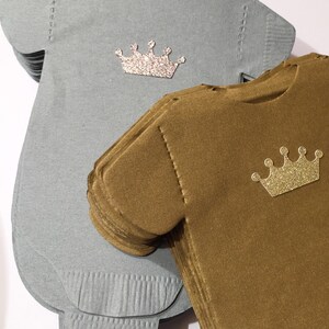 Napkins Shaped like baby shirts or bibs Gold or silver crown baby shower napkins. Pack of 25. image 2