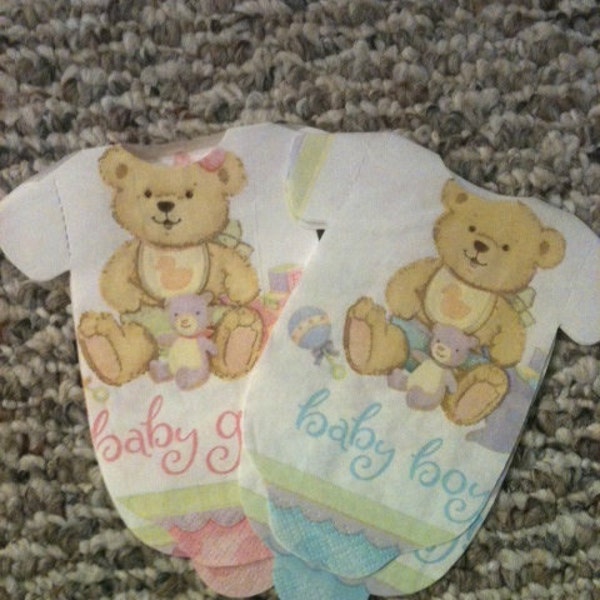 Teddy bear baby shower shirt shaped napkins or decoration.   Pack of 30.  Choose boy or girl. Pink or blue.