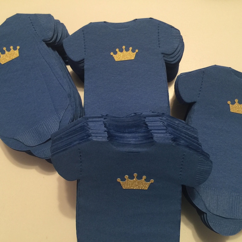 Napkins Shaped like baby shirts or bibs Gold or silver crown baby shower napkins. Pack of 25. image 3