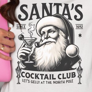 Santa&#39;s Cocktail Club Sweatshirt, Funny Christmas Sweater, Festive Martini Crewneck, Retro Holiday Apparel, Unique Gift, Holiday Party Shirt
