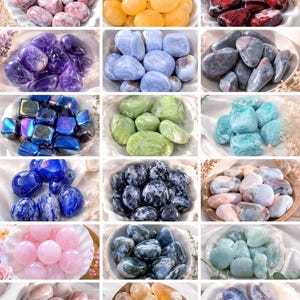 May include: A collection of fifteen bowls filled with various polished gemstones, including pink, yellow, red, purple, blue, green, and white stones. Each bowl displays a unique variety of smooth, rounded mineral specimens in distinct colors.