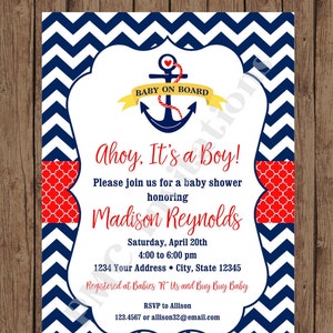 Custom PRINTED Chevron Nautical Baby Shower Invitations Baby on Board 1.00 each with envelope image 1