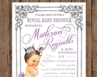 Custom Printed Shabby Chic, Antique, Vintage, Select hair/skin color, Purple Royal Princess Baby Shower Invitations - 1.00 each w/envelope