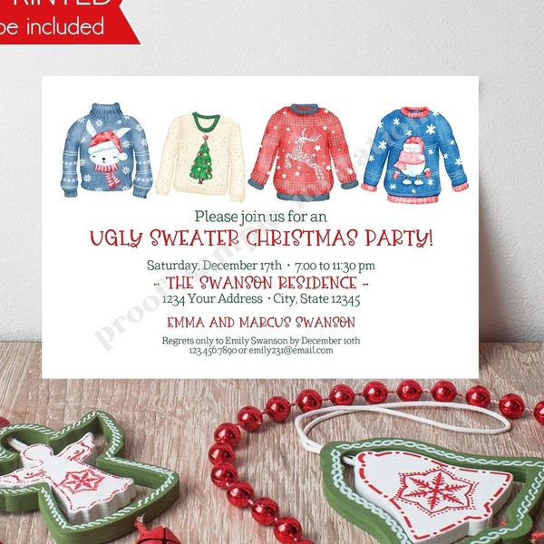 Printed, Ugly Sweater Christmas Party Invitation, Ugly Sweater, Christmas Invitation, Christmas Party, with envelopes