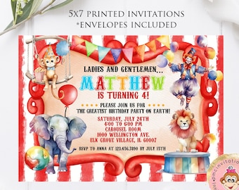 Printed/Shipped Circus Birthday Invitation, Circus Party, Circus Birthday Party Invitation, envelope included