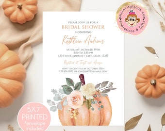 Printed 5X7" Pumpkin Floral Bridal Shower Invitations, Pumpkin, Greenery, Autumn Floral Bridal Shower Invitation, with envelope