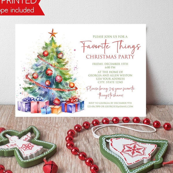 Printed 5X7" Favorite Things Holiday Party Invitations, Christmas, Favorite Things Christmas Party Invitation, with envelopes