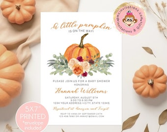 Custom Printed 5X7 Pumpkin Baby Shower Invitation, Watercolor Baby Greenery Pumpkin, Baby Shower, Gender Neutral Eucalyptus Greenery