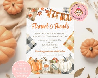 May include: A fall-themed invitation with the text "Flannel & Friends" and details for a Friendsgiving event. The design includes watercolor pumpkins, plaid patterns, and fall foliage. The invitation is 5x7 inches.