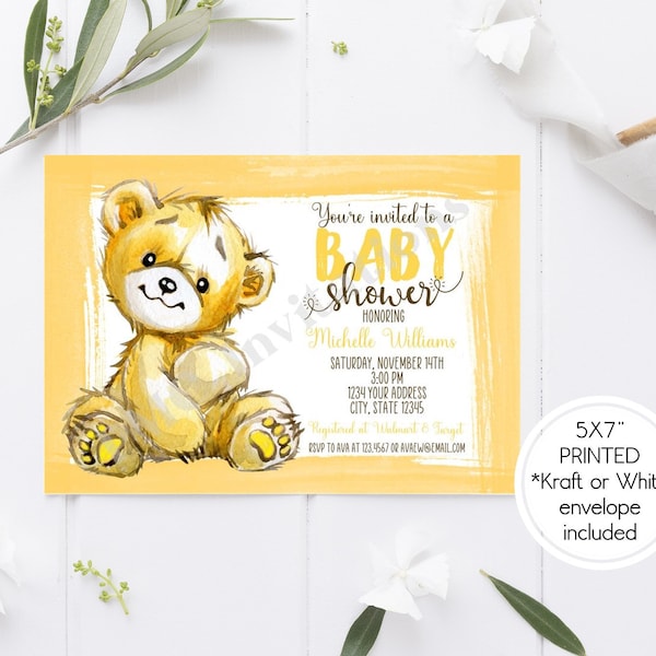 Custom PRINTED Teddy Bear Baby Shower Invitation, Teddy Bear, Gender Neutral Bear Baby Shower Invitation - 1.00 each with envelope