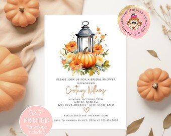 PRINTED Fall Lantern Bridal Shower Invitation, Watercolor Pumpkins, Flowers, Lantern Autumn Bridal Shower Invitation, with envelopes