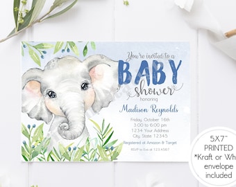 Custom PRINTED 5X7 Watercolor Elephant Baby Shower Invitation, Boy Elephant Baby Shower Invitation - 1.00 each with envelope