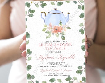 PRINTED Greenery Floral Bridal Shower Tea Party Invitations, Pink Peach Floral Bridal Shower Invitation, Tea Party, 5X7", envelopes included