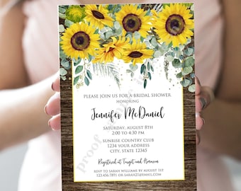 Printed Rustic Sunflower Bridal Shower Invitation, Sunflower Eucalyptus Bridal Shower Invitation, 5X7" Printed Invitation, envelope included