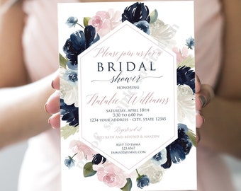 PRINTED Navy Blue Blush Pink Floral Bridal Shower Invitations, Pink Blue Floral Bridal Shower Invitation, 5X7", envelopes included