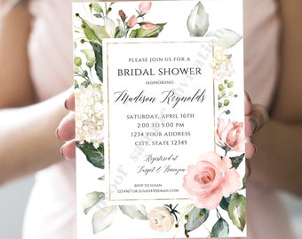 Custom Printed 5x7" Greenery Floral Bridal Shower Invitation, Blush Pink, Gold, Eucalyptus Floral Bridal Shower Invitation, Bridal Shower