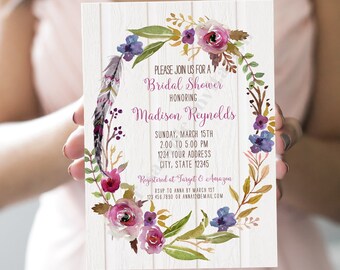 Printed 5X7" Floral Boho Bridal Shower Invitations, Burgundy Floral, Feather Floral, Boho Bridal Shower, with envelopes