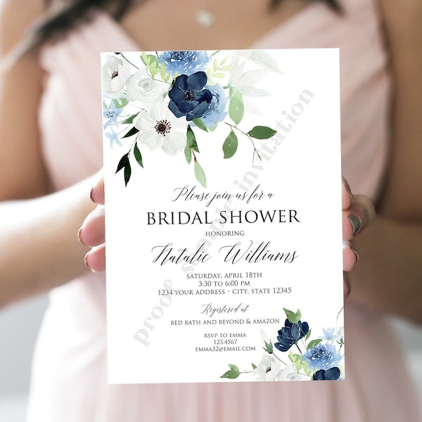 PRINTED Navy Blue Floral Bridal Shower Invitations, Dusty Blue Floral Bridal Shower Invitation, 5X7", envelopes included