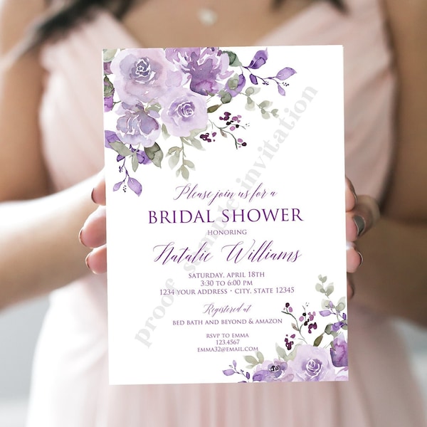 Custom Printed 5x7" Purple Lavender Floral Bridal Shower Invitation, Purple Floral Bridal Shower Invitation, Bridal Shower