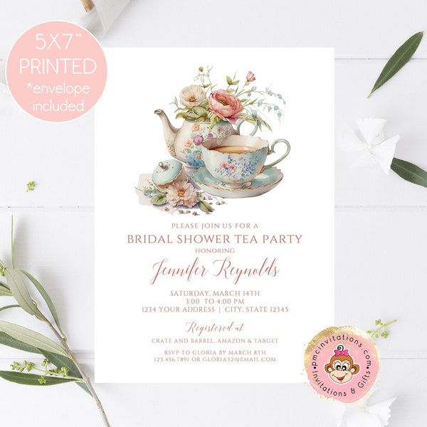 PRINTED Pink Floral Bridal Shower Tea Party Invitations, Pink Floral Bridal Shower Invitation, Tea Party, 5X7", envelopes included