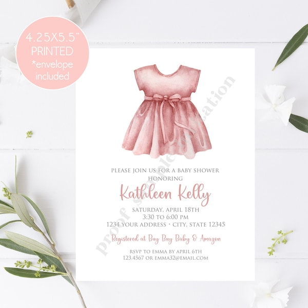 Simple Pink Dress Baby Shower Invitation, Printed Invitation, Simple Baby Shower, Girl Baby Shower Invitation, 4.25X5.5", envelopes included