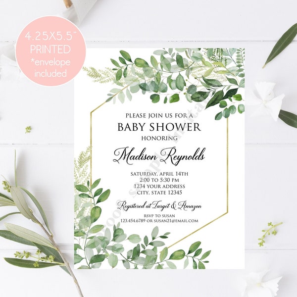 Custom PRINTED 4.25X5.5 Greenery, Boho, Eucalyptus Baby Shower invitation, Gold, It's a boy, It's a girl, gender neutral, envelope included